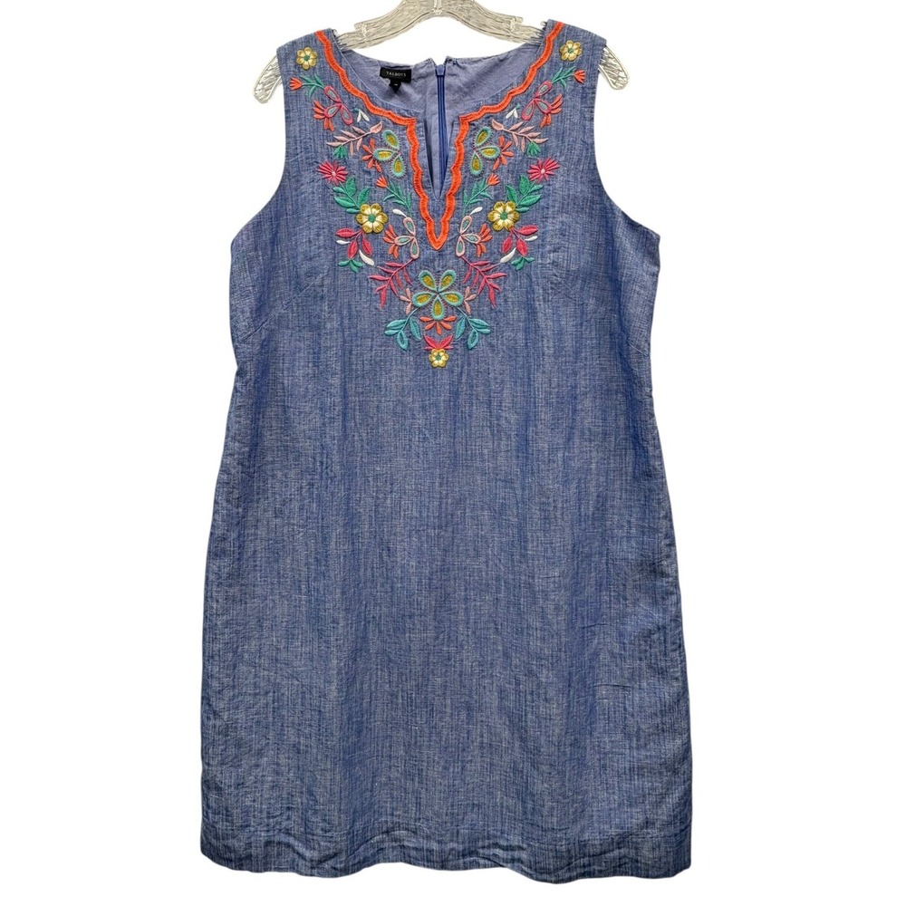 Talbots Embroidered Chambray Linen Blend Shift Dress Floral Boho Summer‎ 14